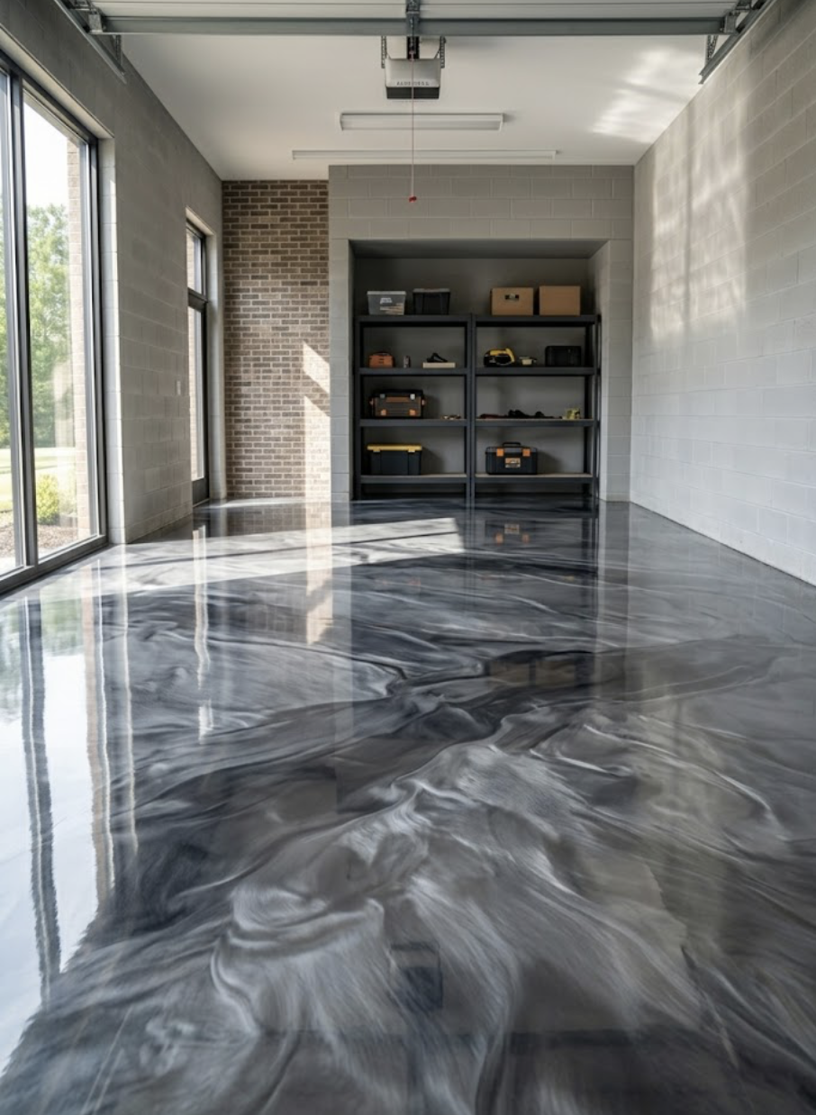 Epoxy garage floor coating with metallic finish