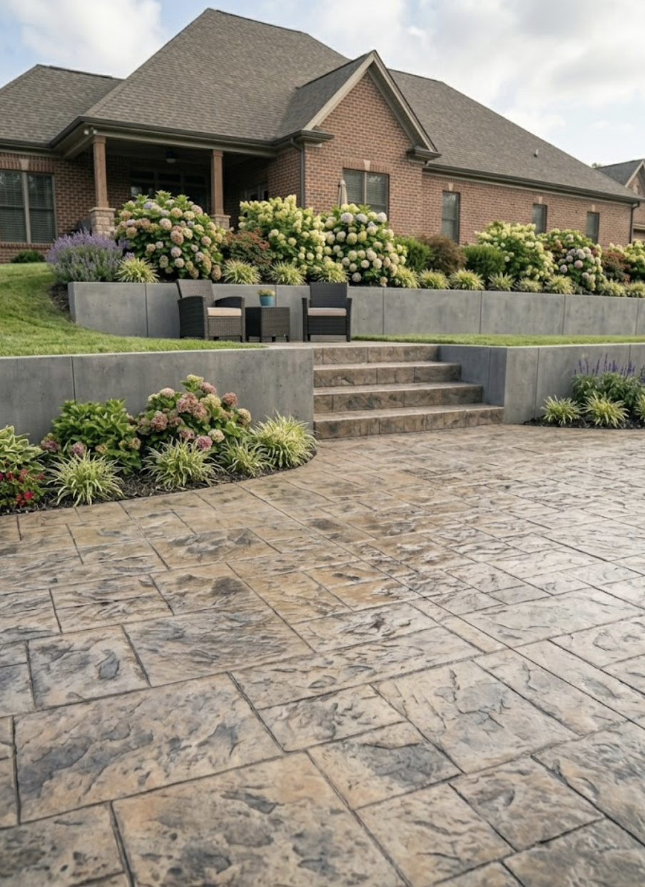 Decorative stamped concrete overlay on patio