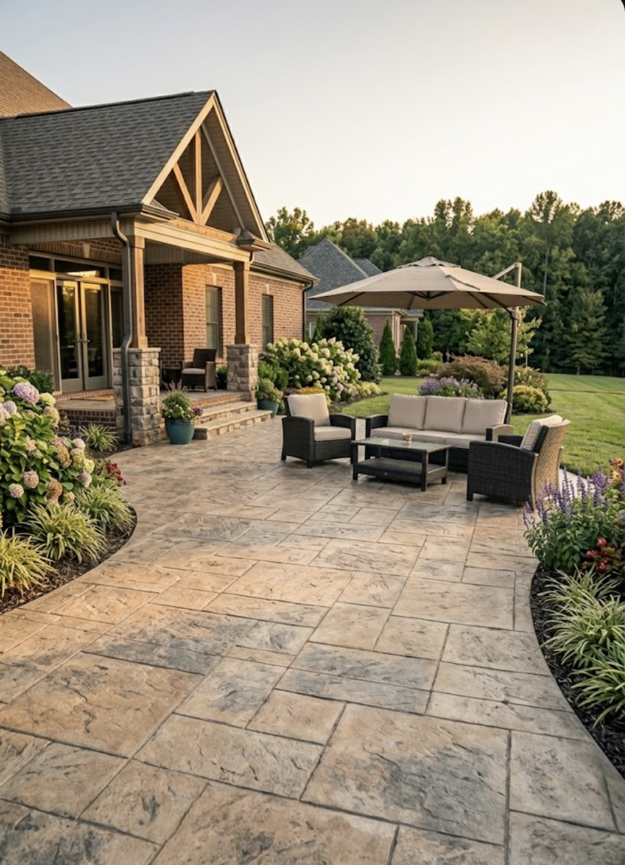 Stamped concrete backyard patio