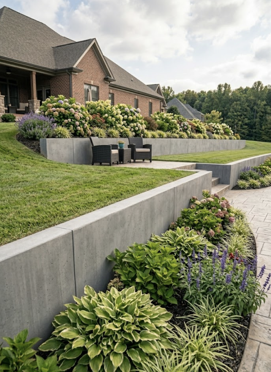 Concrete retaining wall in backyard landscape