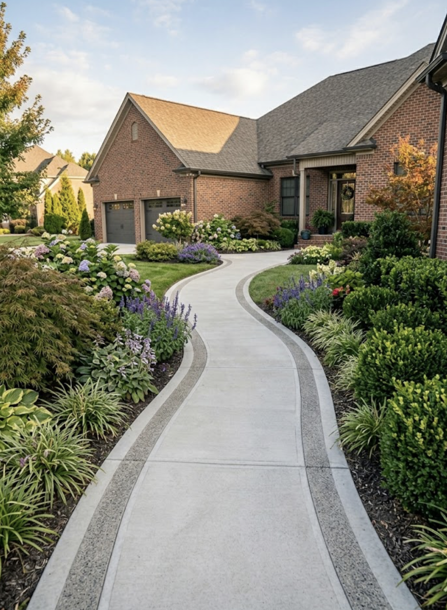 Custom concrete sidewalk leading to home entrance