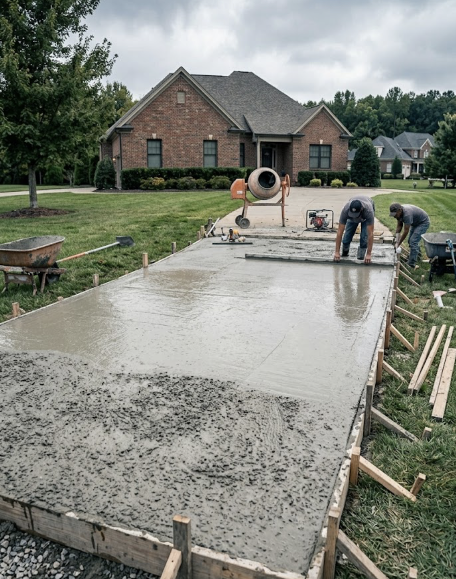 Freshly finished concrete driveway with smooth broom finish
